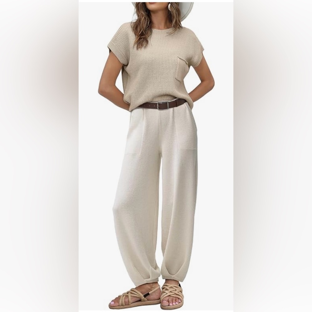Women's 2 Piece Sweater Set Knit Pullover Top and High Waisted Pants Loungewear